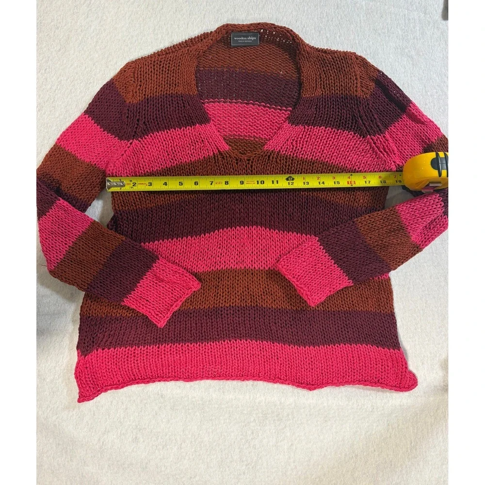 Wooden Ships Paola Buendia Striped V-Neck Knit Sweater Pink Burgundy Rust S/M